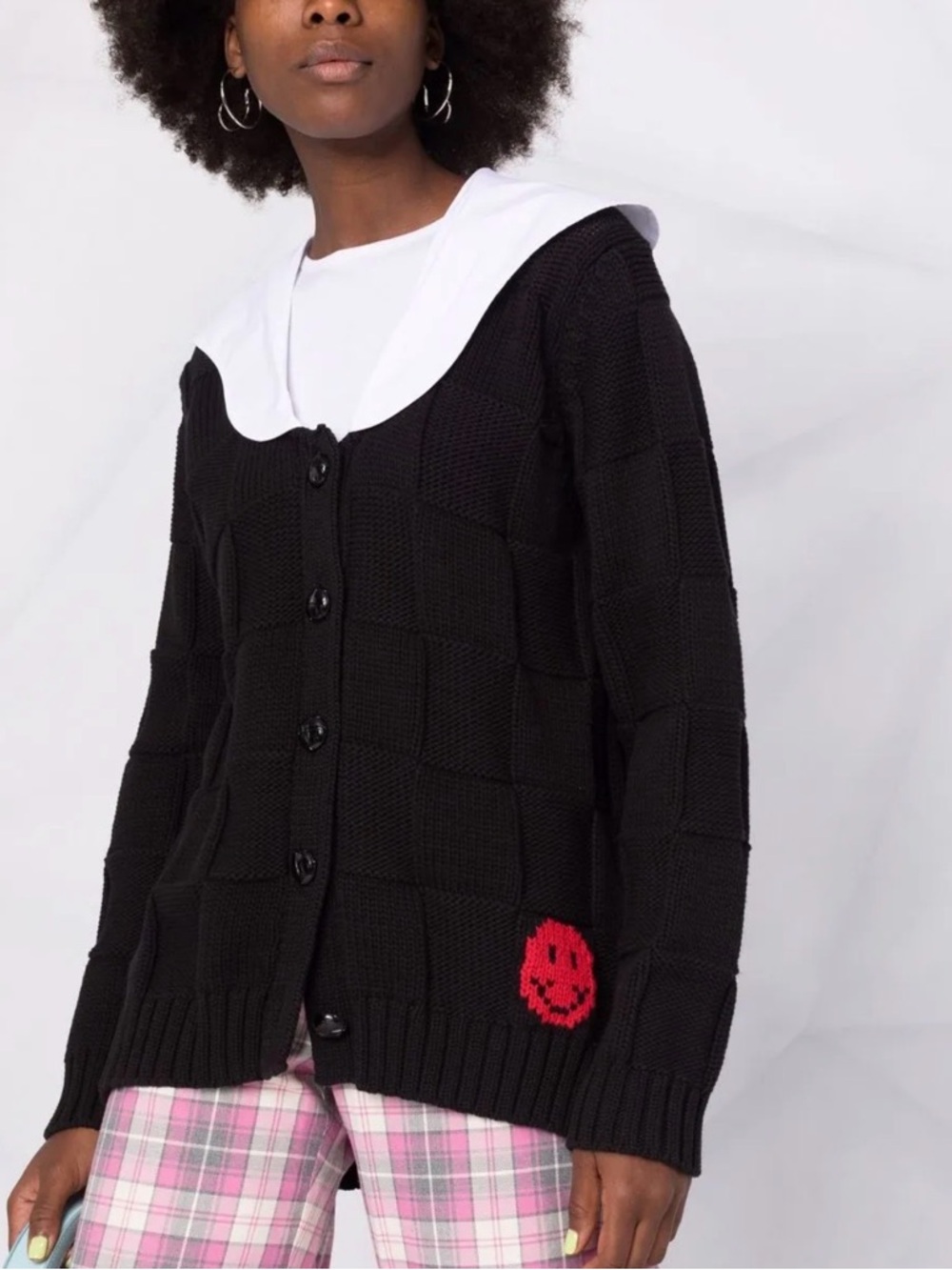 Ganni Black Button-Up Cardigan with Poplin Collar and Red Smiley Patch